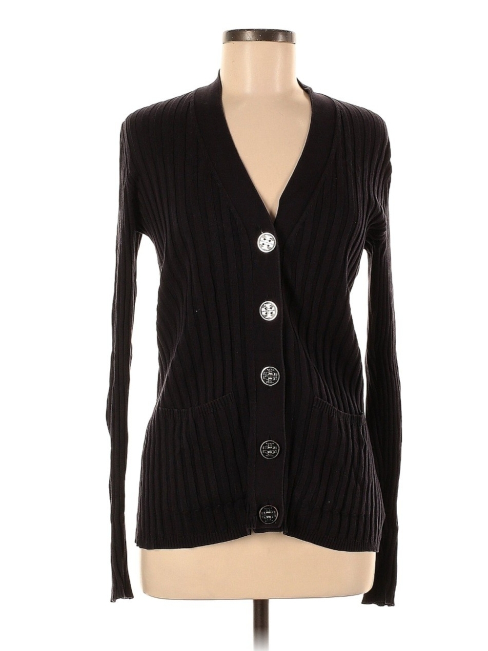 Tory Burch Black Ribbed V-Neck Button-Front Cardigan
